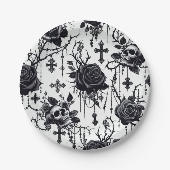 Assiettes En Carton Plaques en papier floral gothique - Halloween, Mar (Devant)