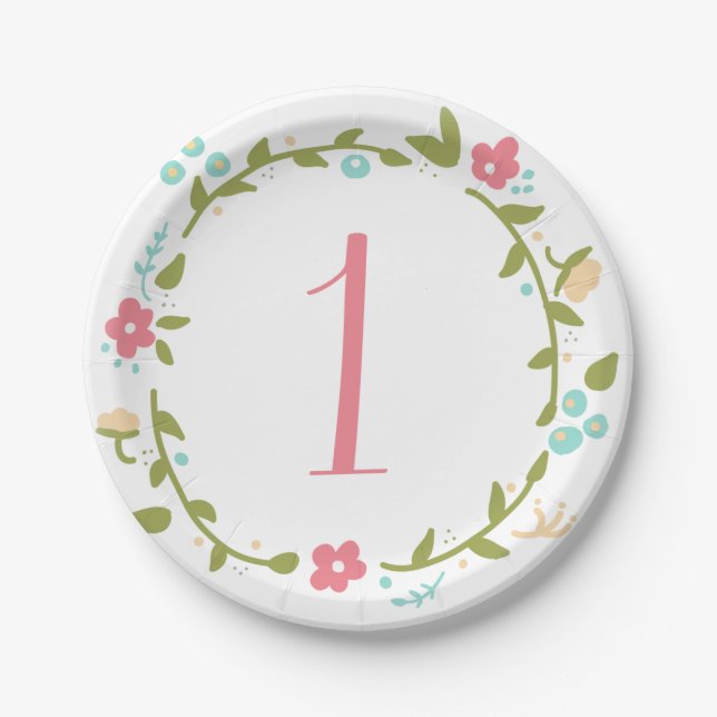 Assiettes En Carton Plaques en papier florales de la fille 1er anniver (Devant)