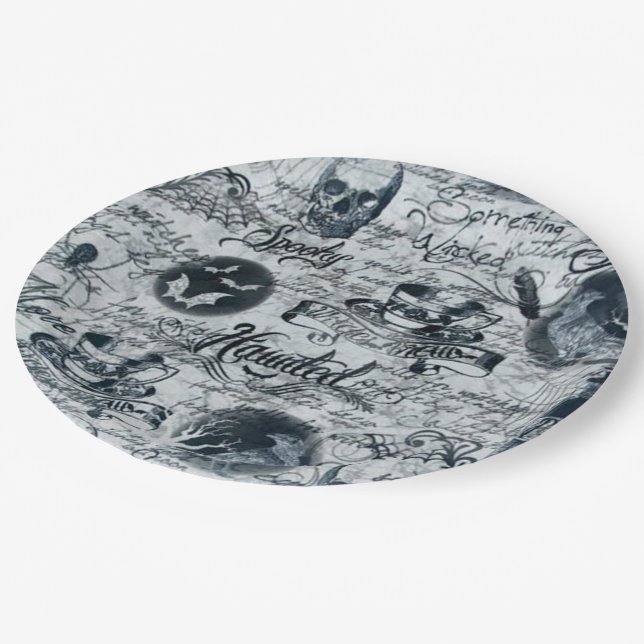 Assiettes En Carton Plaques en papier Halloween blanc et noir (Angle)