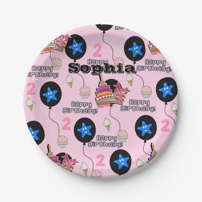 Assiettes En Carton Plaques en papier, Joyeux 2e anniversaire #2 Ballo (Devant)