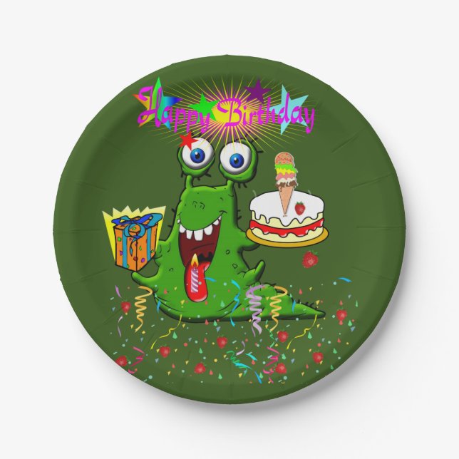 Assiettes En Carton Plaques en papier, joyeux monstre d'anniversaire (Devant)