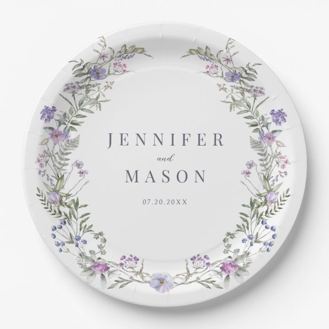 Assiettes En Carton Plaques en papier mariage violet lavande fleurie (Devant)