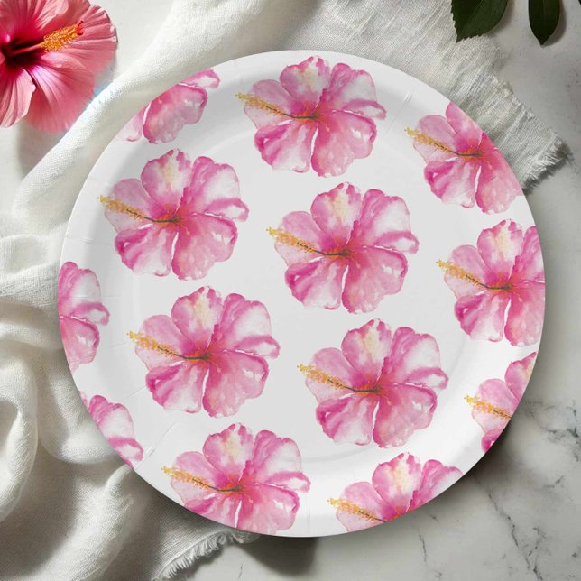 Assiettes En Carton Plaques en papier Motif rose Hibiscus (Hawaiian theme party accessories features hibiscus flower paper plates)