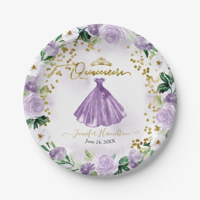 Assiettes En Carton Plaques en papier Quinceanera Robe florale violett (Devant)
