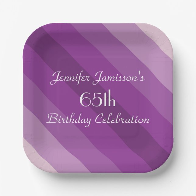 Assiettes En Carton Plaques en papier rayé violet, 65e anniversaire (Recto)