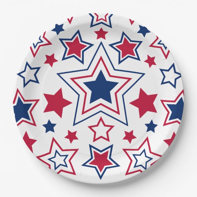 Assiettes En Carton Plaques en papier Red White & Blue Stars (Devant)