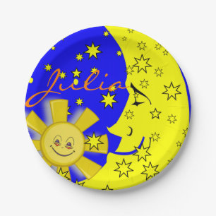 Assiettes En Carton Plaques en papier, Sun Moon Yellow Stars Bleu