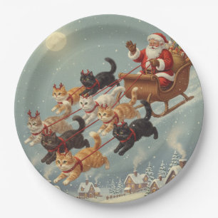 Assiettes En Carton Plaques en papier traîneau du Père Noël avec chats