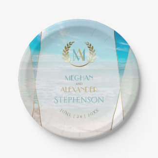 Assiettes En Carton Plaques mariages | Plage géométrique Monogramme mo