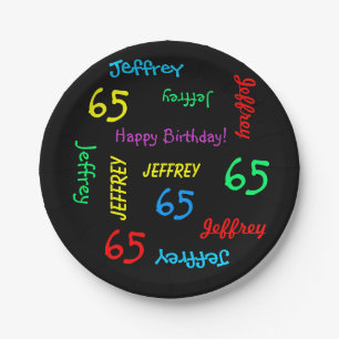 Assiettes En Carton Plaques noires, 65e anniversaire, noms répétitif