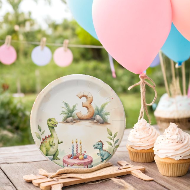 Assiettes En Carton Plaques papier à trois rapports Dinosaure 3e anniv (Créateur téléchargé)