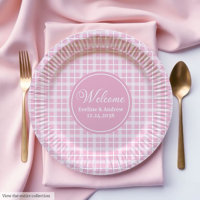 Assiettes En Carton Plaques Papier Anniversaire Chic Rose Plaid Nom pe (Birthday Paper Plates Chic Pink Plaid Custom Name)