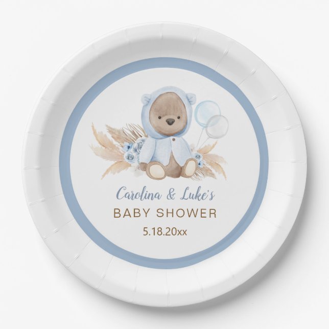 Assiettes En Carton Plaques papier Baby shower d'ours bleu (Devant)