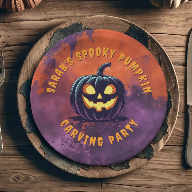 Assiettes En Carton Plaques papier Citrouille Éffrayant Halloween (Spooky Pumpkin Carving Party Paper plate just for you. Add you party details)