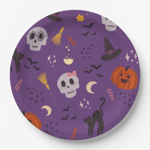 Assiettes En Carton Plaques papier d'Halloween - Crânes, Citrouille et