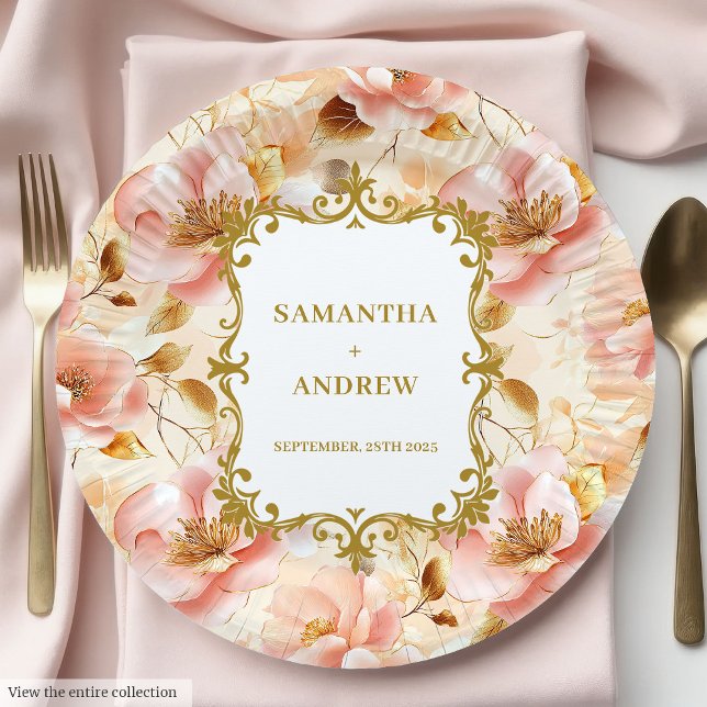 Assiettes En Carton Plaques papier Mariage en or brillant (Dreamy Blush Gold Wedding Paper Plates)