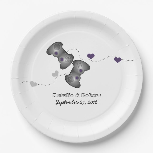 Assiettes En Carton Plaques papier Mariage Geeky Gamers Silver Purple (Devant)