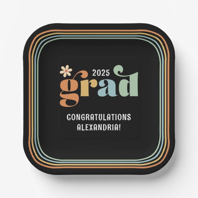 Assiettes En Carton Plaques papier Retro Boho Daisy 2025 Grad Party (Recto)