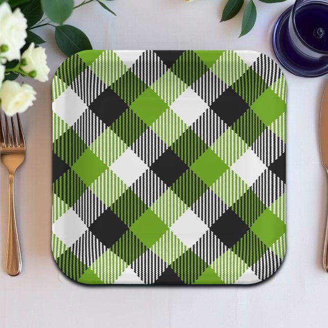 Assiettes En Carton Plaques Tartan simples Vert néon (Créateur téléchargé)