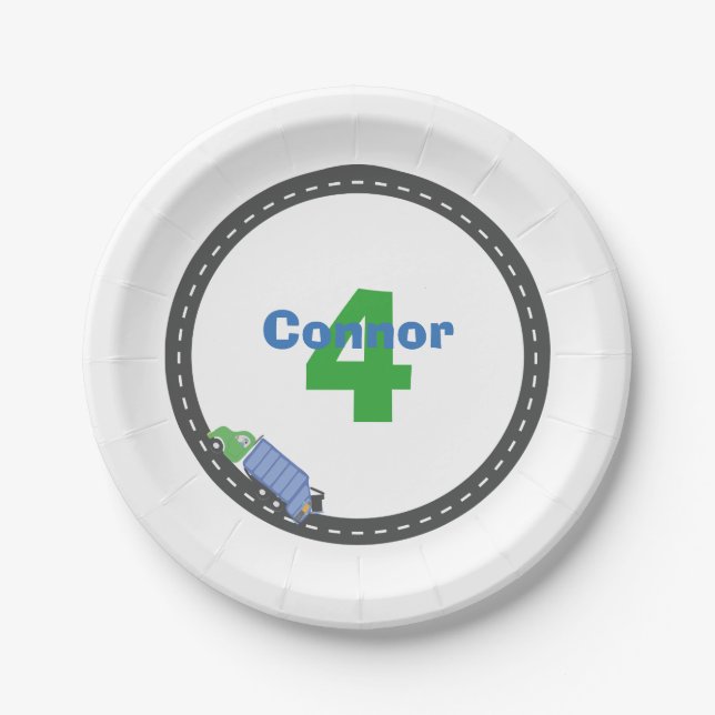 Assiettes En Carton Plat d'anniversaire de camion à ordures (Devant)