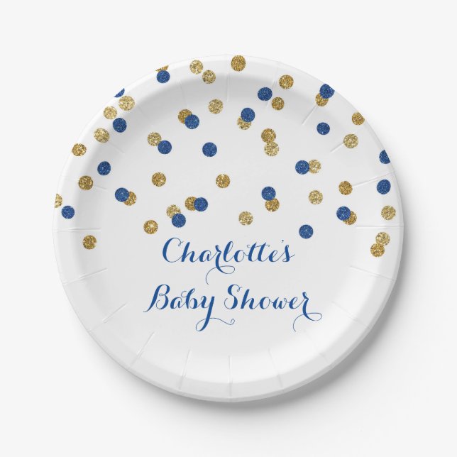 Assiettes En Carton Plat de baby shower de confettis de bleu marine (Devant)