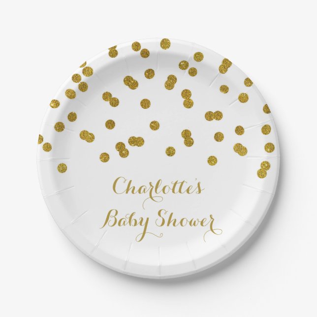 Assiettes En Carton Plat de baby shower de confettis d'or (Devant)