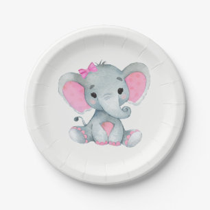 Assiettes En Carton Plat gris rose d'éléphant 4 baby showers,
