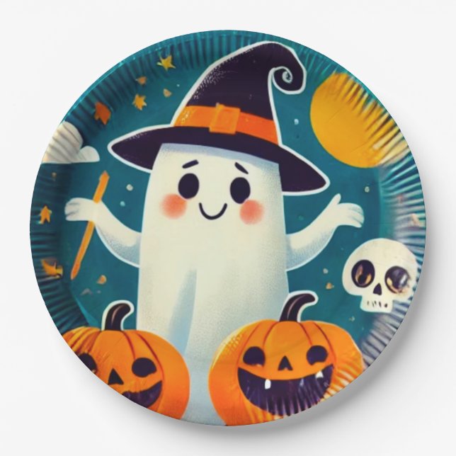 Assiettes En Carton Plate de fête d'Halloween sorcière - Dessin (Devant)