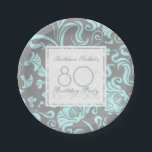 Assiettes En Carton Plate de papier bleu gris floral 80e anniversaire<br><div class="desc">Beau et élégant vintage clair turquoise motif floral sur arrière - plan gris. Plaque de papier de fête de 80e anniversaire sophistiquée et féminine avec des formes carrés transparentes pour les textes. Tout est personnalisable : vous pouvez facilement modifier le texte (police, couleur, taille et position) et le design (taille...</div>