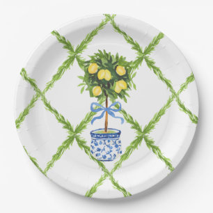 Assiettes En Carton Plates Blue and Green Chinoiserie Topiary Lemon