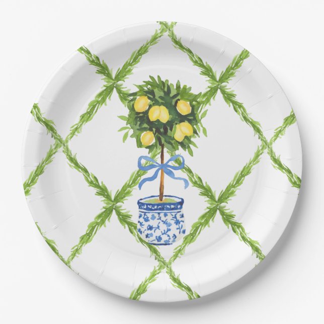Assiettes En Carton Plates Blue and Green Chinoiserie Topiary Lemon (Devant)