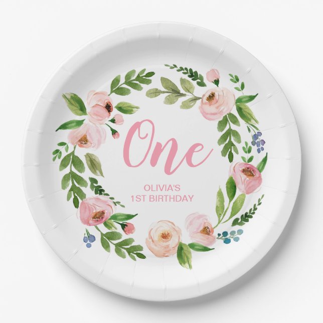 Assiettes En Carton Plates de fête d'anniversaire de fleurs roses (Devant)