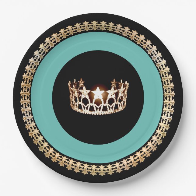 Assiettes En Carton Plates en papier style Miss USA Turquoise Crown 9" (Devant)