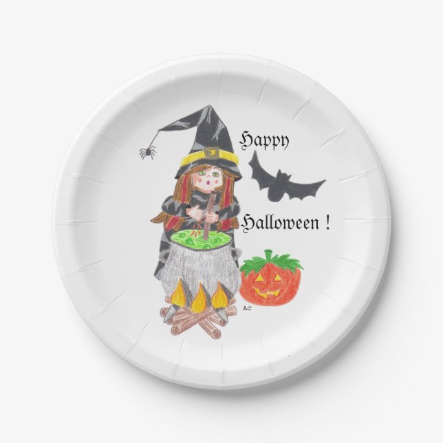 Assiettes En Carton Plats de livre blanc de sorcière de Halloween (Devant)