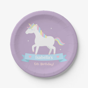 Assiettes En Carton Plats pourpres de partie de licorne d'anniversaire