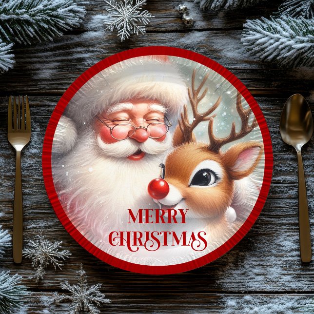Assiettes En Carton Playful Cartoon Santa Rudolph Christmas Plates (Playful Cartoon Santa Rudolph Christmas Plates)