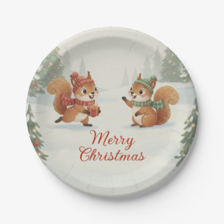 Assiettes En Carton Playful Squirrels in Christmas Winter Forest