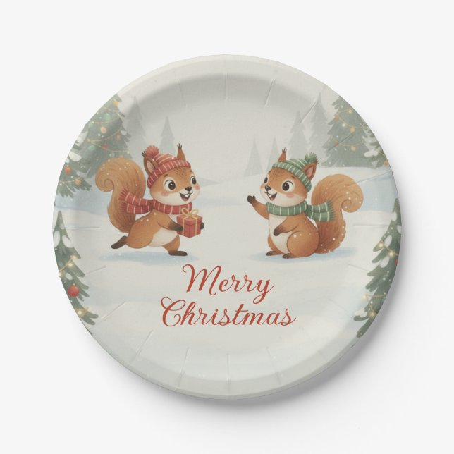 Assiettes En Carton Playful Squirrels in Christmas Winter Forest (Devant)