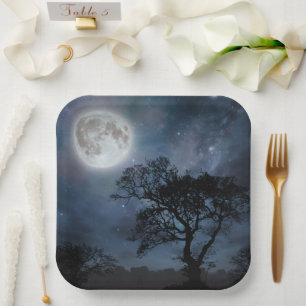 Assiettes En Carton Pleine lune dans un ciel étoilé