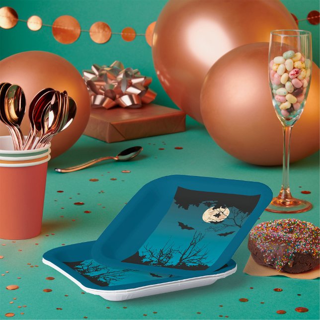 Assiettes En Carton Pleine lune nocturne d'Halloween éffrayante et cha (Créateur téléchargé)