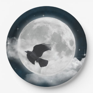Assiettes En Carton Pleine lune sur daim bleu avec corbeau
