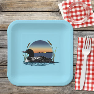 Assiettes En Carton Plongeon commun serein Coucher de soleil Bleu Faun