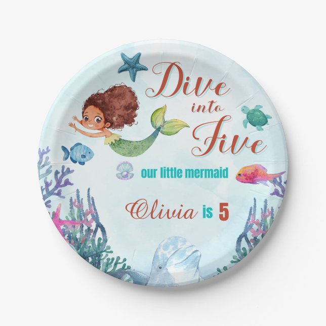 Assiettes En Carton Plongez dans cinq sirènes Brown 5e fille anniversa (Devant)