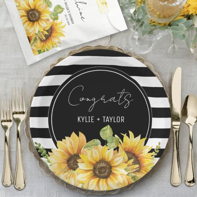 Assiettes En Carton Pluie de Mariage Tournesol Rayures Noires et Blanc (Créateur téléchargé)