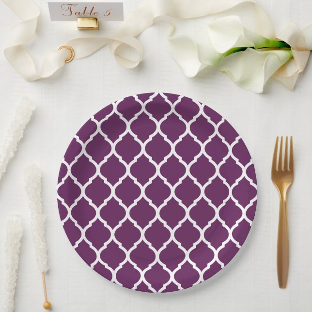 Assiettes En Carton Plum pourpre et blanc Quatrefoil marocain (Mariage)