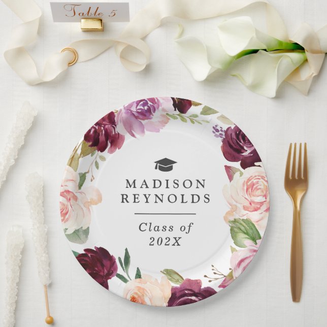 Assiettes En Carton Plum Purple Blush Floral Dîner de graduation (Mariage)