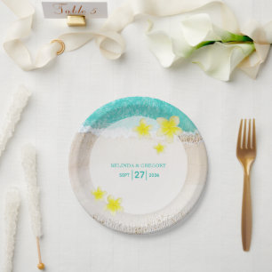 Assiettes En Carton Plumeria jaune Frangipani Plage tropicale Mariage