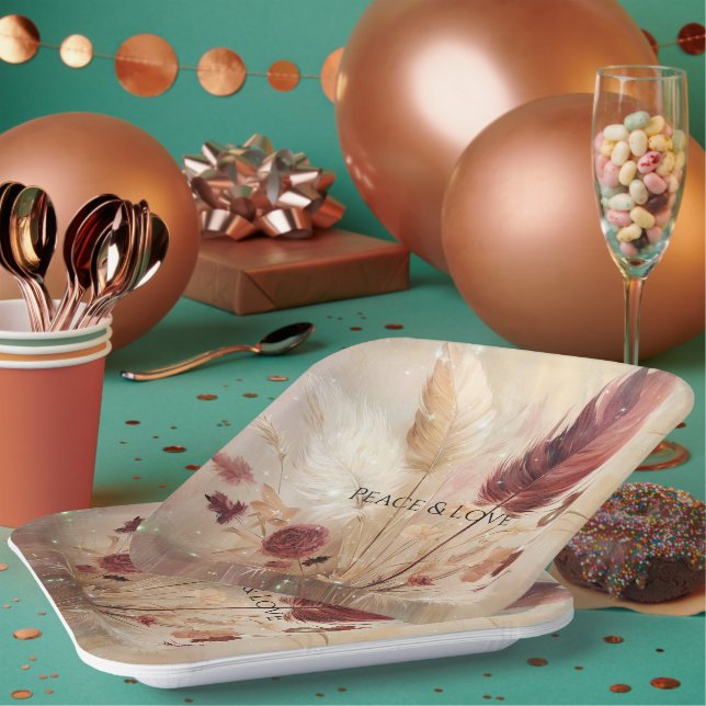 Assiettes En Carton Plumes de Boho à crème rouge Floral (Multi)