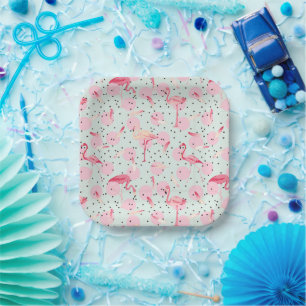 Assiettes En Carton Plumes de Flamant rose sur Pois