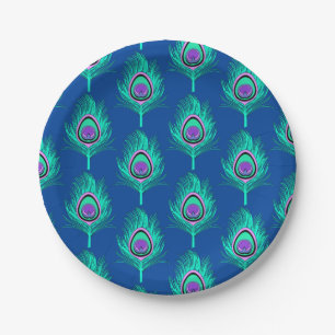 Assiettes En Carton Plumes de paon, Aqua sur le bleu profond de cobalt